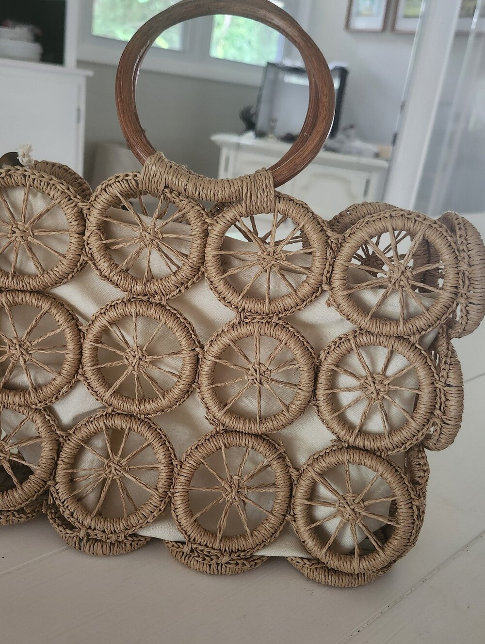Source Unknown Natural Straw Circle-Pattern Tote with Wooden Handles